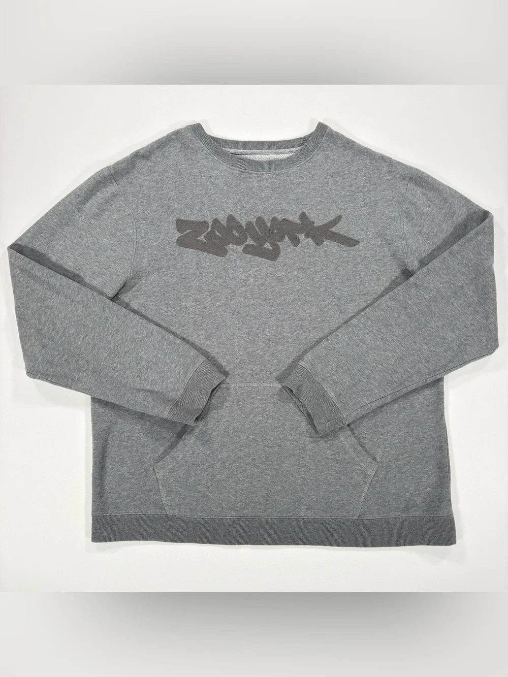 Zoo York Mens Sweatshirt XL Gray Crewneck Kangaroo Pocket Graffiti Logo Skate